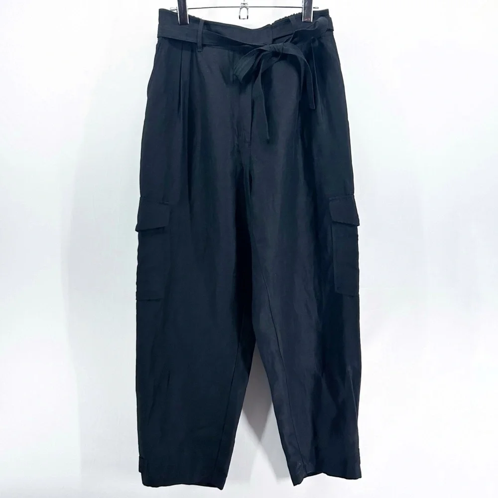 Aritzia Wilfred Kafka Black Linen High Rise Wide Leg Cropped Cargo Pants Size 10